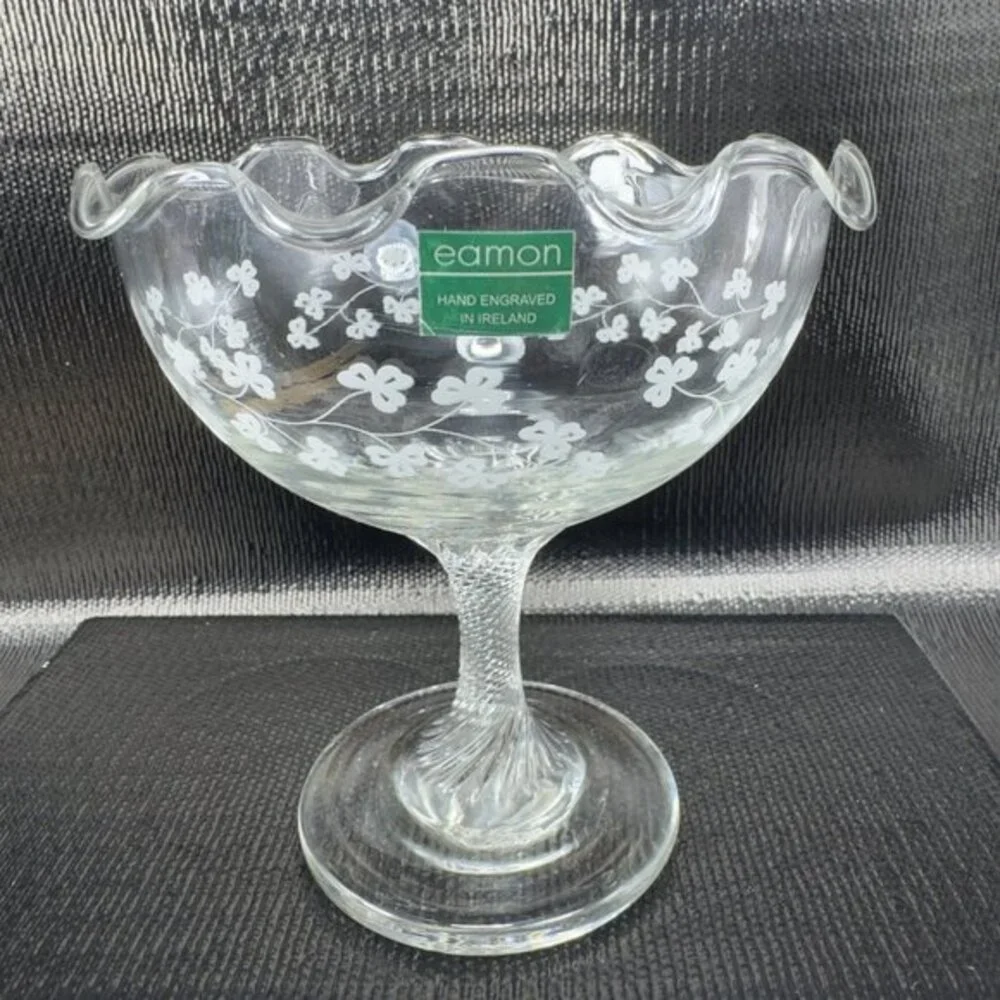 Eamon Glass Engraved Clover Ireland Swirl Footed Compote Dish‎ Bowl Clear Glass